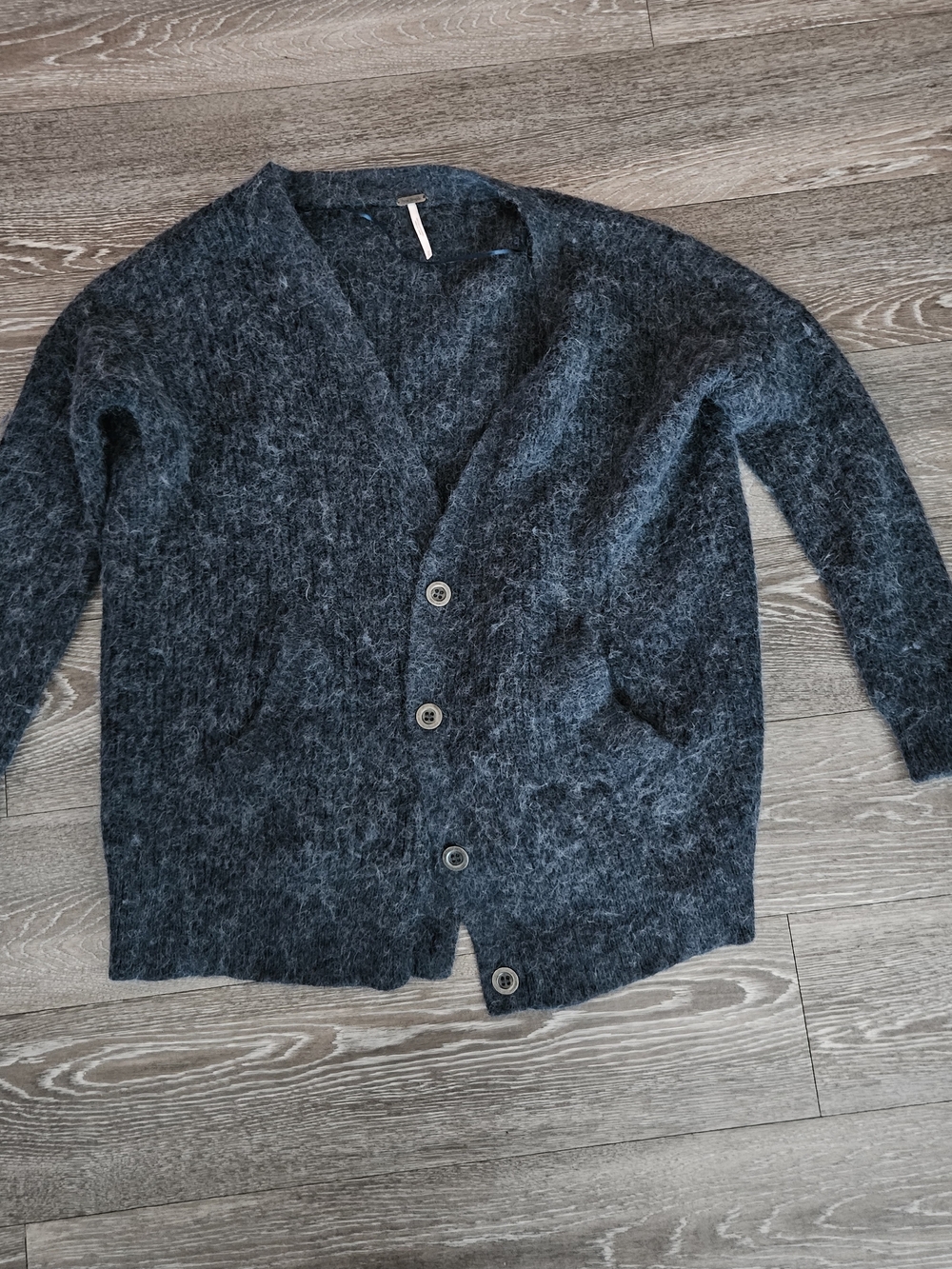Free People Dark Charcoal Fuzzy Button-Up Cardigan